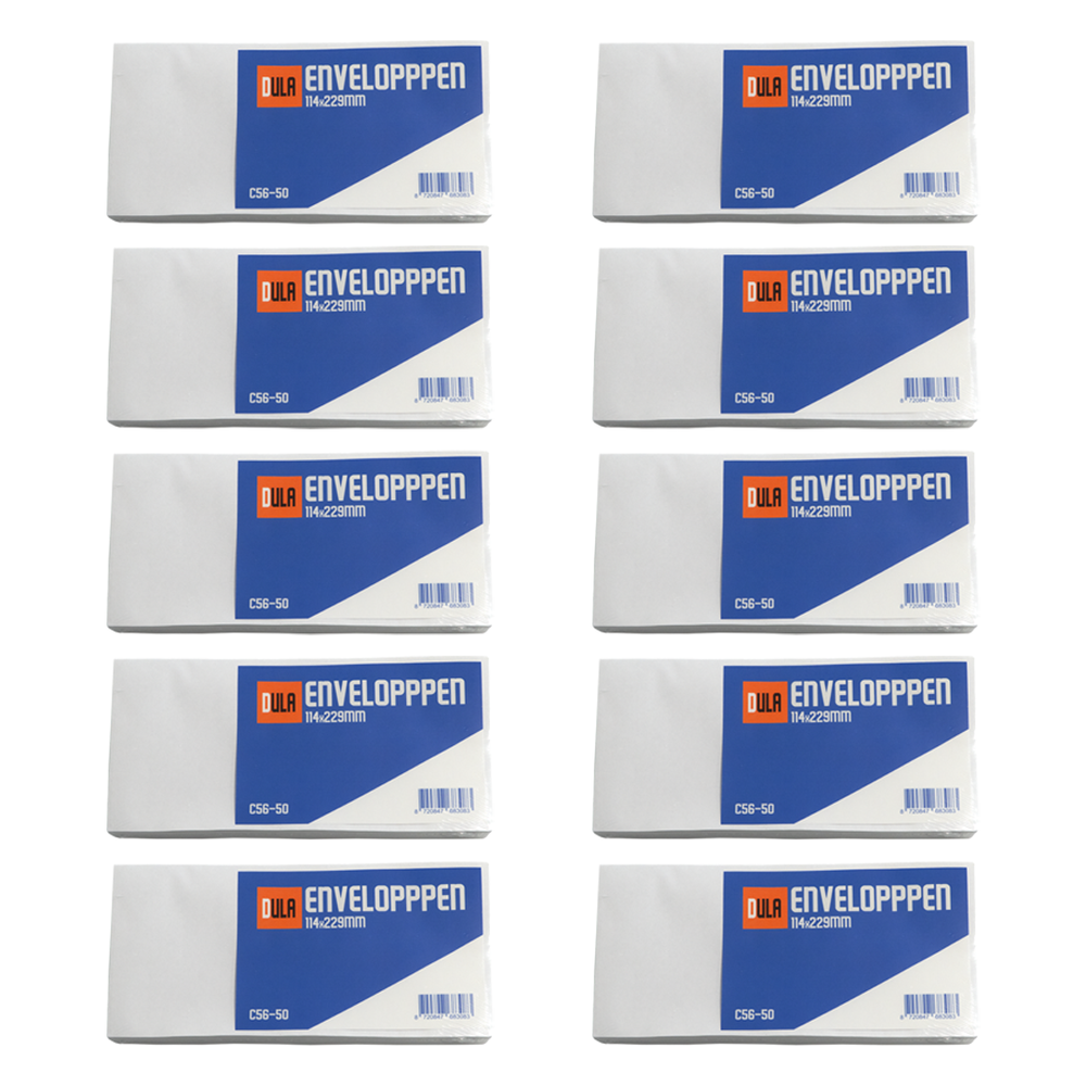 Meerdere verpakkingen witte enveloppen met blauwe en oranje branding zijn op een witte achtergrond geplaatst.