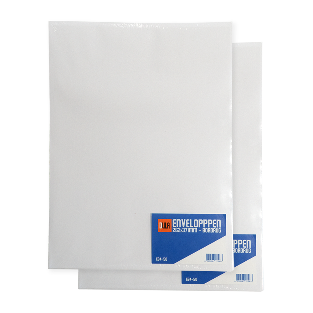 Twee witte vellen papier in plastic verpakking. Labels met tekst, blauw en oranje. De achtergrond is wit.