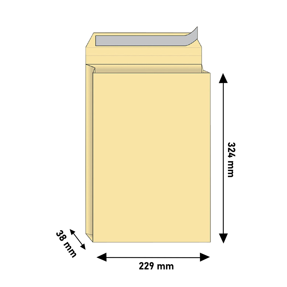 Een beige envelop met afmetingen. Hoogte 324 mm, breedte 229 mm en dikte 38 mm. Een zilveren strip sluit de bovenkant af.