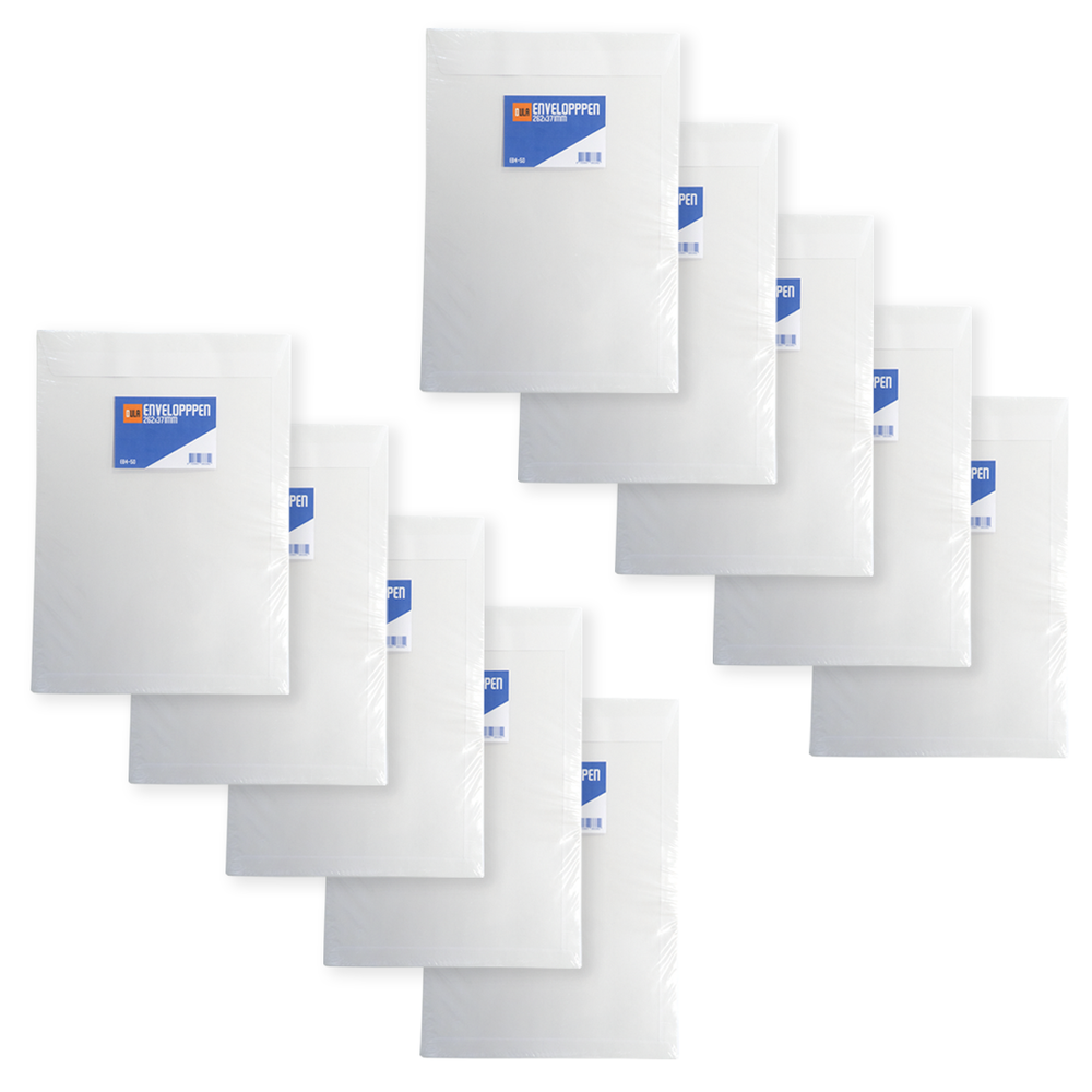 Een cluster witte enveloppen, sommige met labels met blauwe en oranje tekst. Ze zijn gerangschikt op een witte achtergrond.