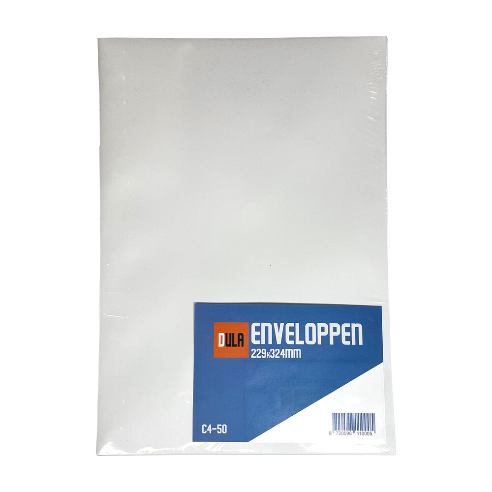 Een pakje witte enveloppen. Een blauw en oranje etiket leest 'DULA ENVELOPPEN 229x324mm C4-50'. Streepjescode zichtbaar.