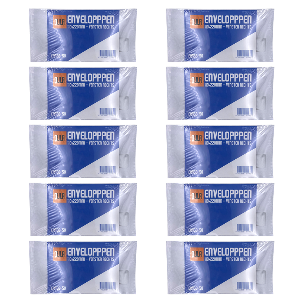 Tien pakken witte enveloppen in plastic. Elk pak heeft een blauw en wit label met 'ENVELOPPPEN'.