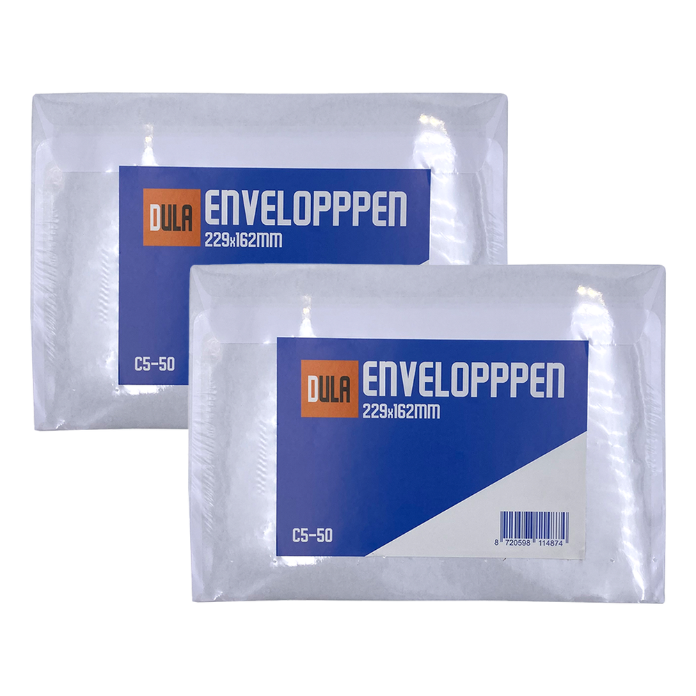 Twee pakken witte enveloppen met de tekst 'DULA ENVELOPPPEN 229x162mm' en 'C5-50' op een witte achtergrond.