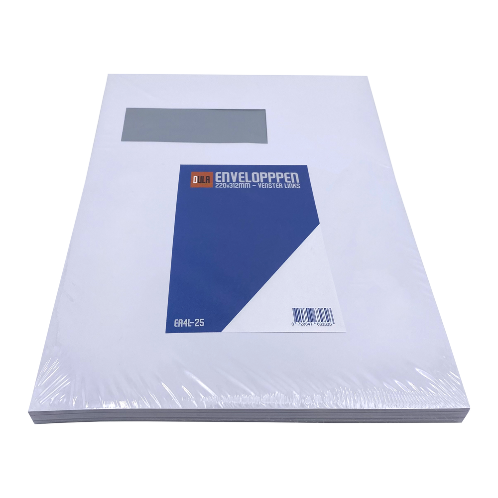 Een stapel witte enveloppen verpakt in plastic. Een label leest 'ENVELOPPPEN' en '220x312mm - VENSTER LINKS'.