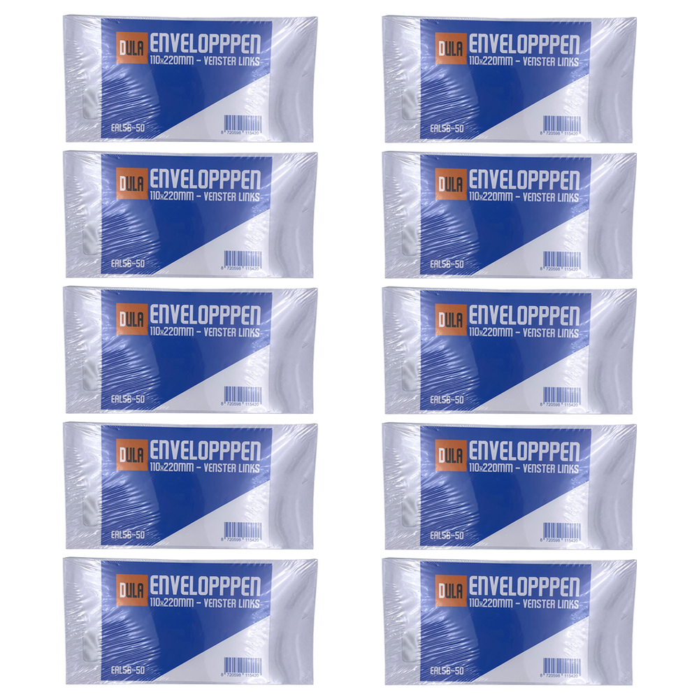 Tien pakken enveloppen, elk in plastic verpakt. Elk heeft een blauw label met witte tekst.
