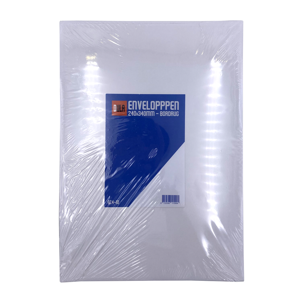 Een pak witte enveloppen in plasticfolie. Een blauw label toont de merk- en productinformatie.