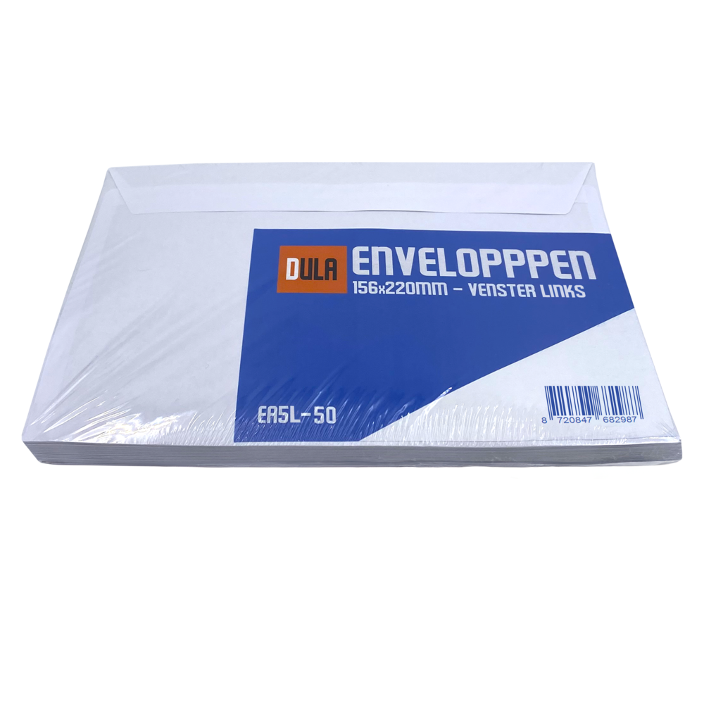 Een stapel witte enveloppen in plastic verpakking. De tekst op het blauwe label zegt 'ENVELOPPEN' en 'DULA'. De grootte is 156x220mm.