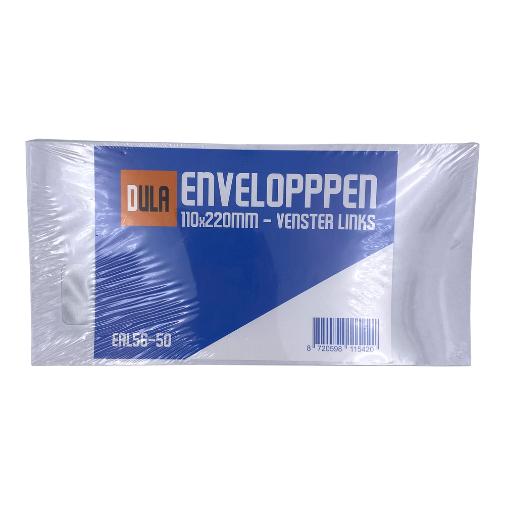 Een pakket witte enveloppen in plastic verpakking. Het label luidt 'DULA ENVELOPPEN' en heeft afmetingen en een barcode.