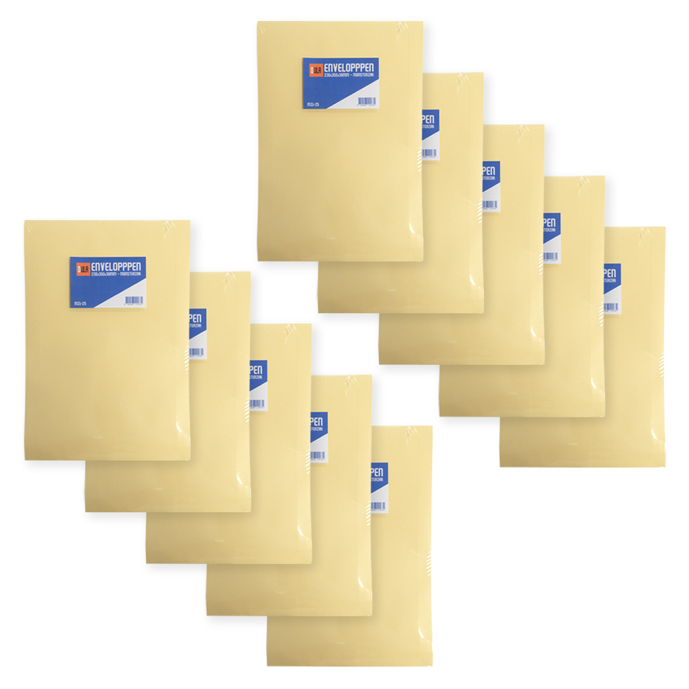 Verschillende beige enveloppen, sommige met labels, gerangschikt op een witte achtergrond. De enveloppen zijn verpakt in doorzichtig plastic.