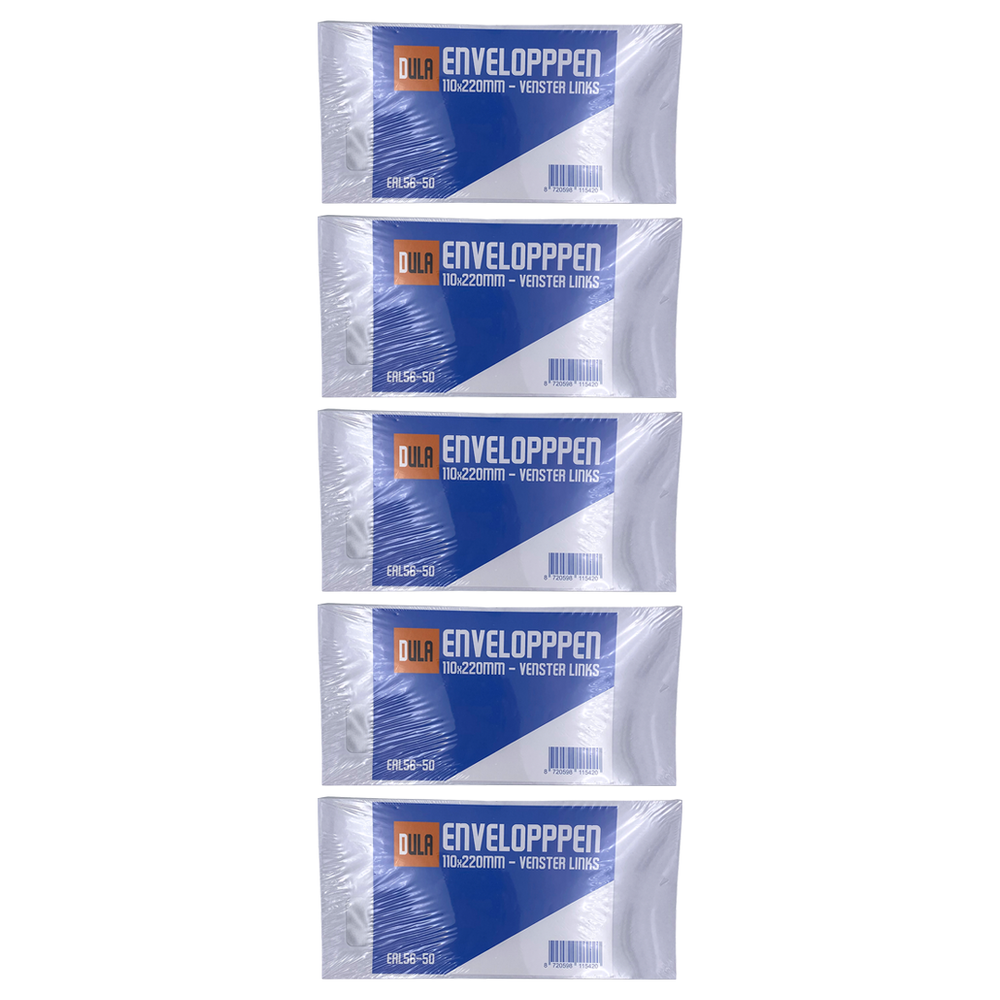 Vijf identieke enveloppenverpakkingen. Elke verpakking heeft een blauw label met witte tekst en een barcode.