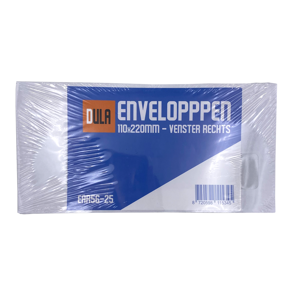 Een pakje witte enveloppen in plastic folie. Het blauw-witte label zegt 'ENVELOPPPEN' en '110x220mm - VENSTER RECHTS'.