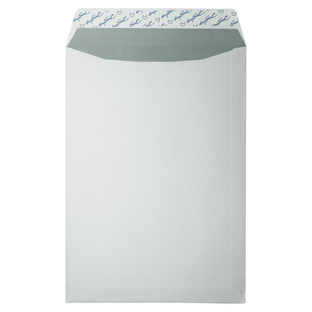 Een witte envelop is open, met een grijze binnenkant en een blauw-witte zegel bovenaan. De achtergrond is wit.