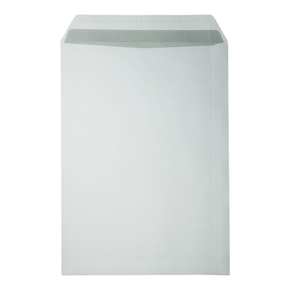 Een witte envelop wordt getoond, de bovenkant is niet verzegeld met grijs aan de binnenkant. De achtergrond is wit.