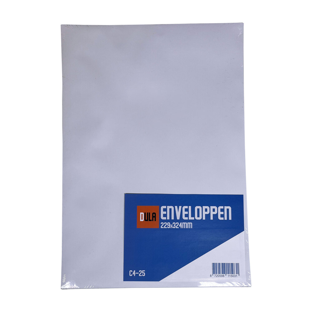 Een pak witte enveloppen wordt weergegeven. Een blauw-wit label toont het merk, de grootte en de streepjescode.