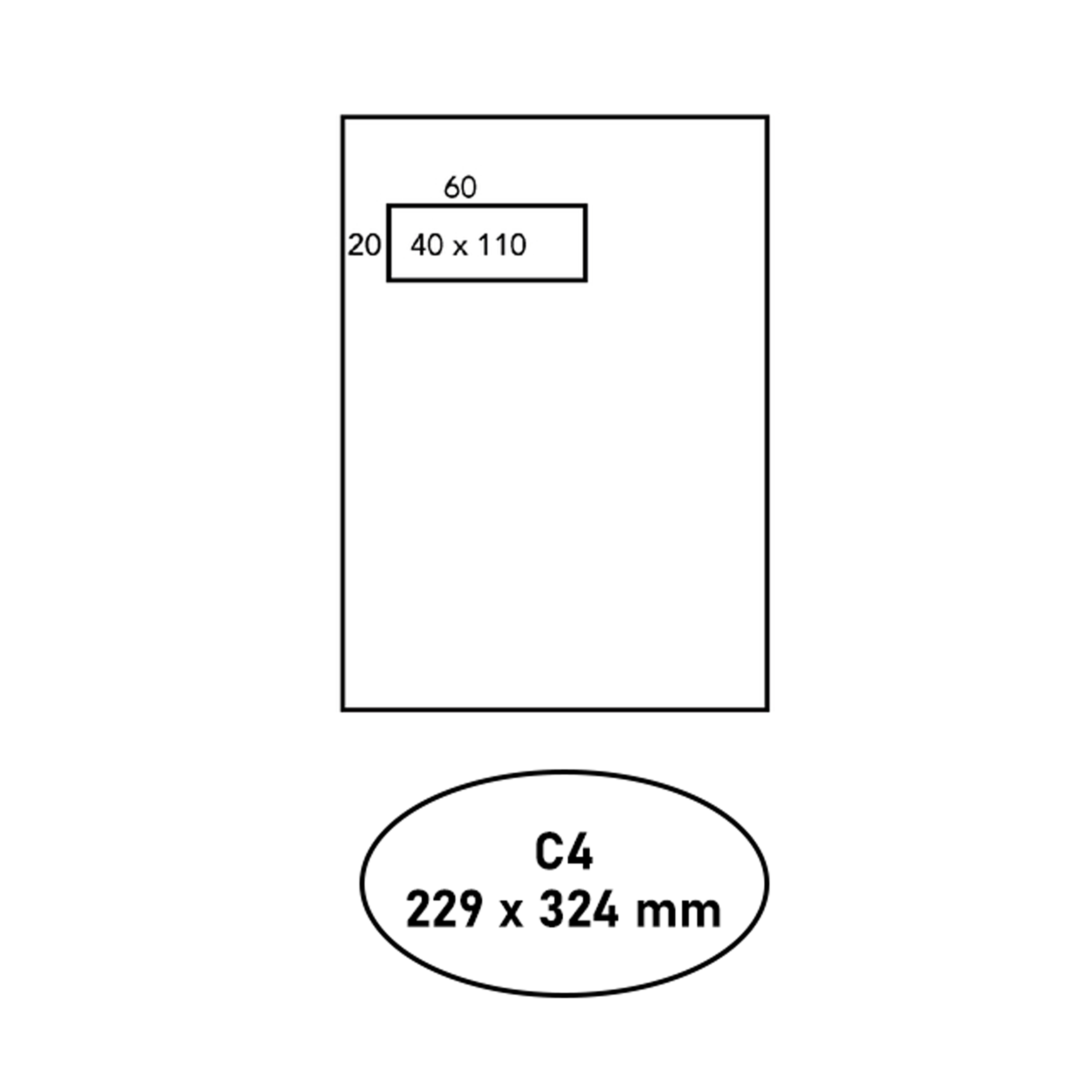 Diagram met een grote rechthoek, een kleinere met afmetingen en een ovaal met tekst en afmetingen.