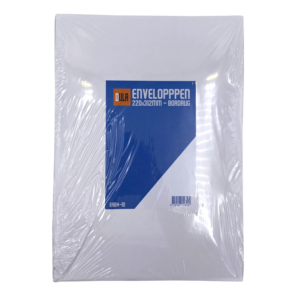 Een pak witte enveloppen in plasticfolie. Het label zegt 'DULA ENVELOPPEN'. Linksonder staat 'EAB4-10'.