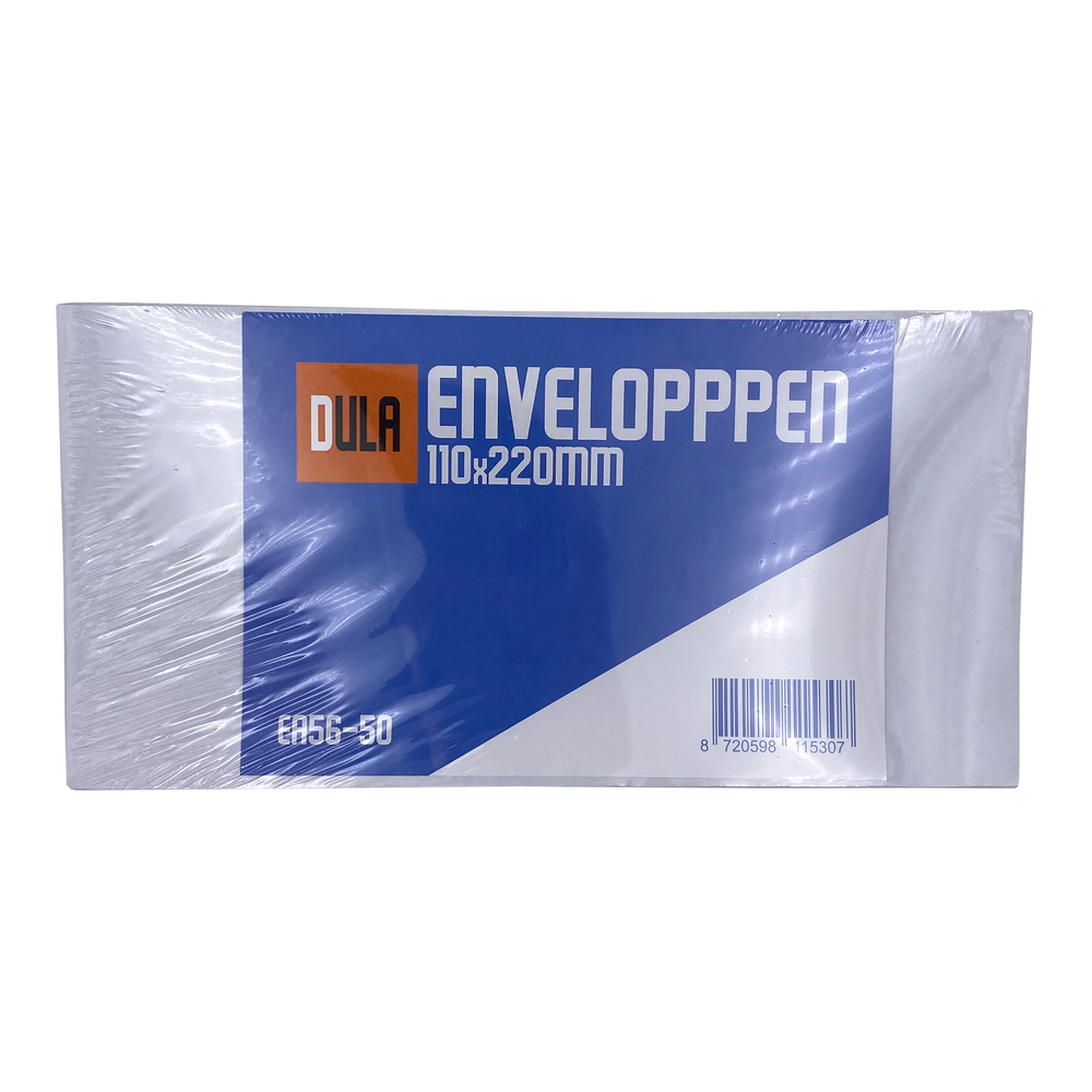 Een pak enveloppen verpakt in plastic. Het label toont 'DULA ENVELOPPEN 110x220mm' op een blauwe achtergrond. Witte achtergrond.