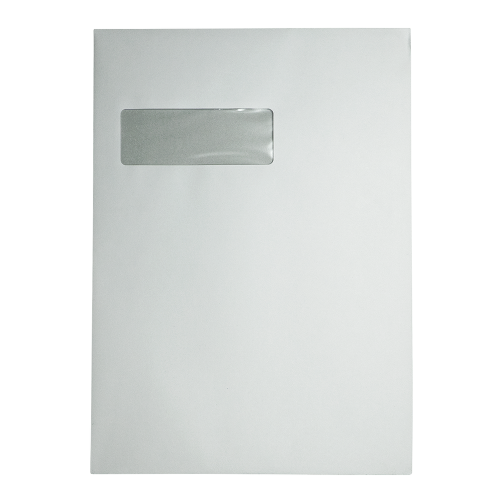 Een witte envelop met een rechthoekig transparant venster. De envelop staat op een witte achtergrond.