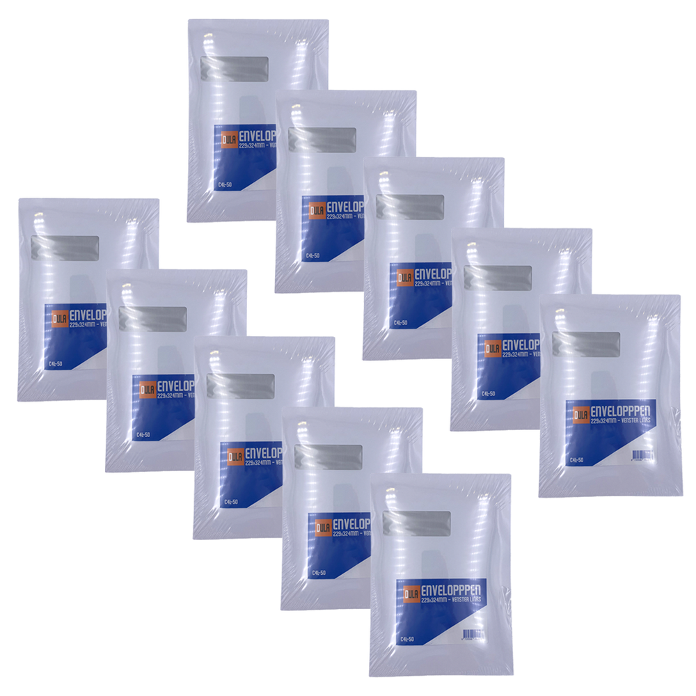 Verschillende verzegelde, doorzichtige plastic verpakkingen met witte enveloppen en zichtbare etiketten, gerangschikt in een rasterpatroon.