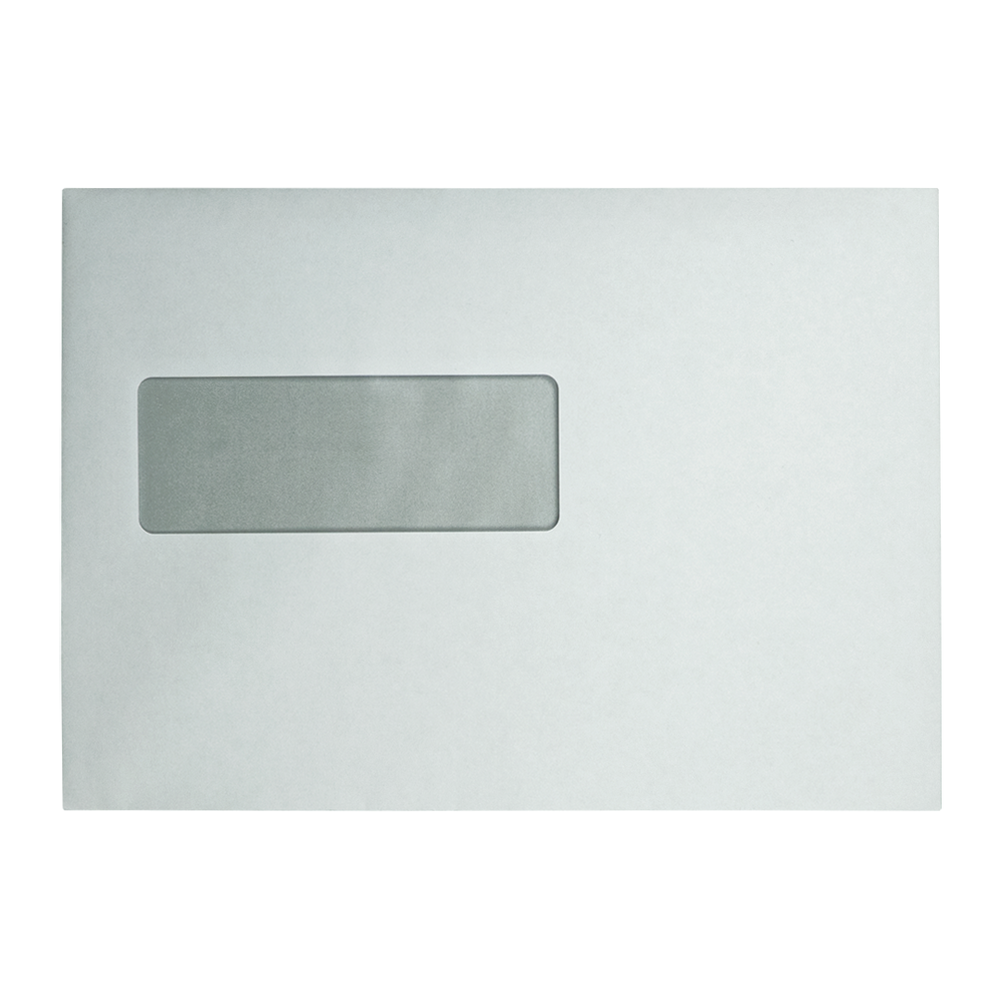 Een witte envelop met een rechthoekig venster. Het venster is grijs en gecentreerd op de voorkant van de envelop.