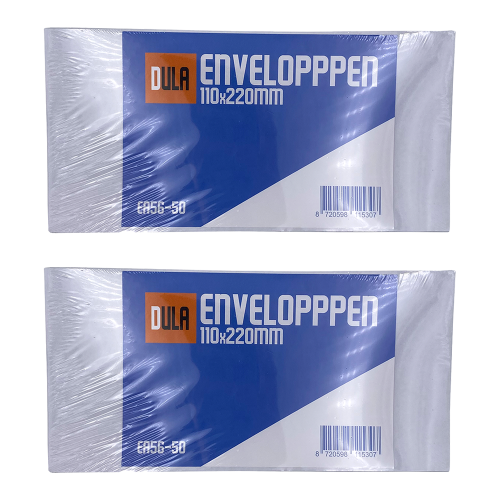 Twee verpakte enveloppenpakketten. Elk toont het 'DULA'-logo, 'ENVELOPPPEN' en de grootte. Streepjescodes en tekst zijn zichtbaar.