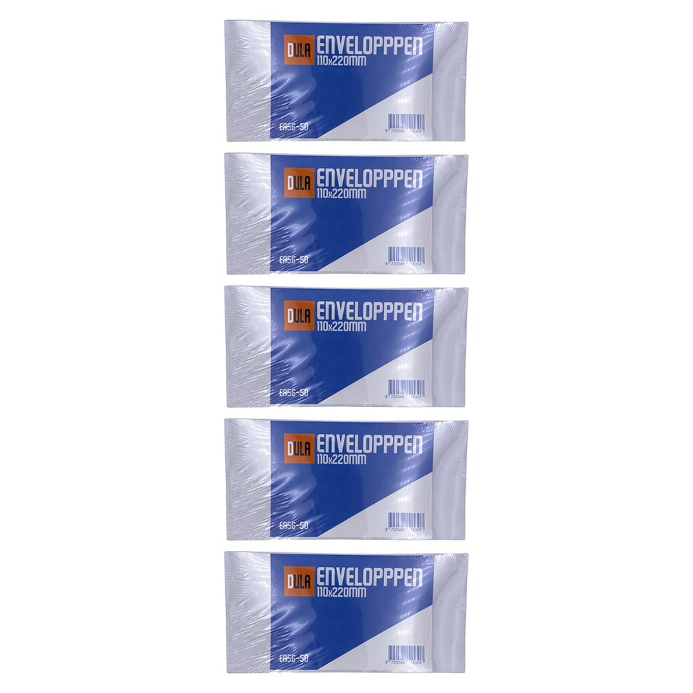 Vijf identieke verpakte enveloppen. Elk pakket heeft een blauw label met witte tekst. Het merk is DULA, met enveloppenmaten.