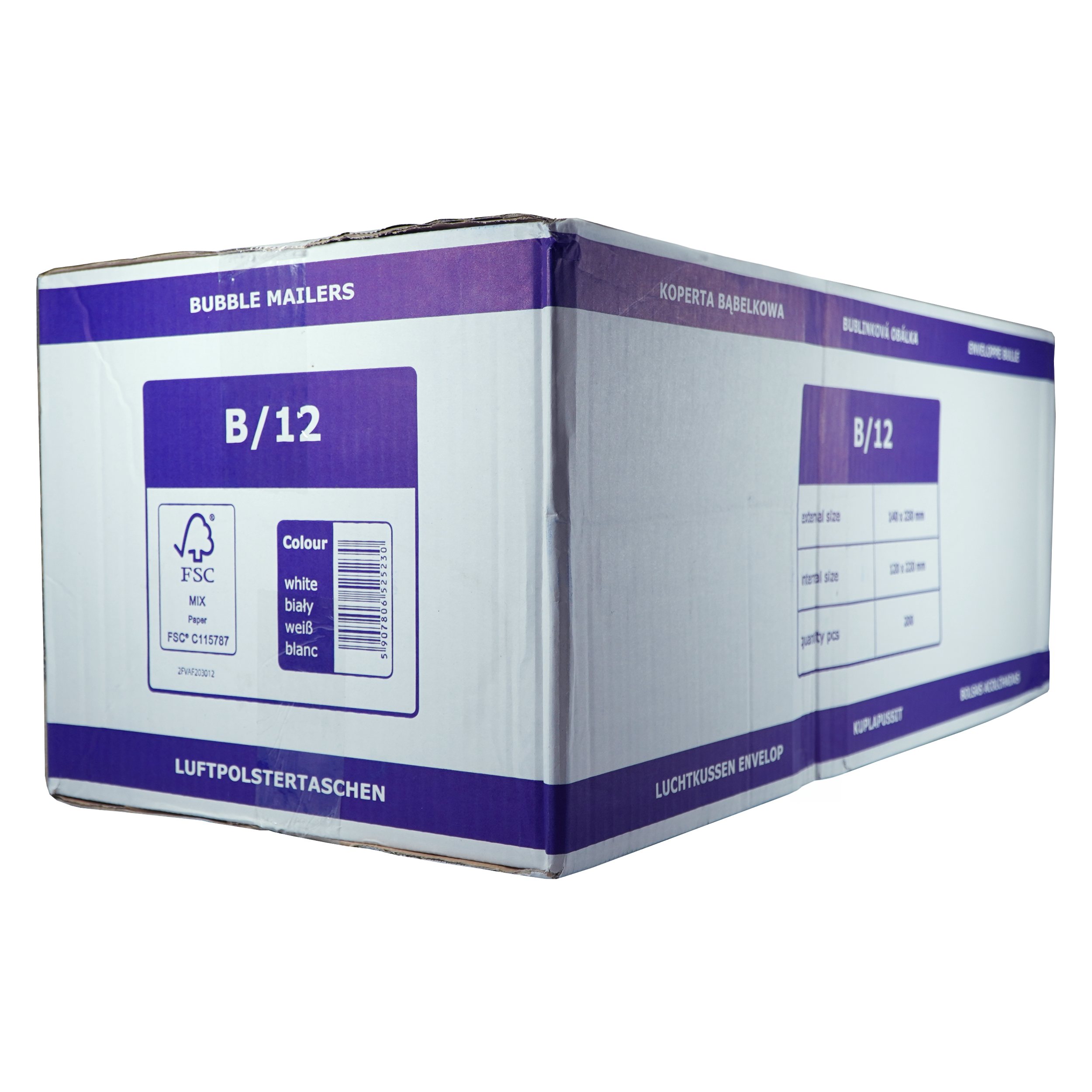 A cardboard box with text. The box is white with purple accents. It is for bubble mailers.
