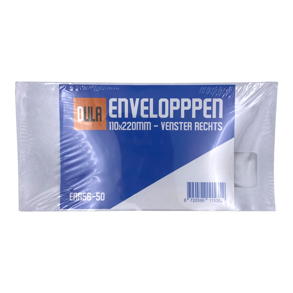 Verpakking enveloppen in plastic. Tekst: 'DULA ENVELOPPEN'. Blauw en wit ontwerp. Afmeting: 110x220mm.