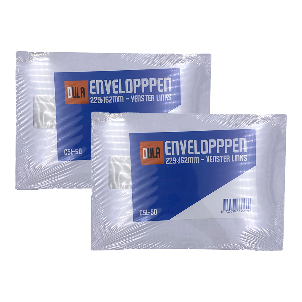 Twee verpakte envelopverpakkingen. Elk heeft een blauw label met witte tekst 'ENVELOPPPEN' en een venster. Merk is 'DULA'.