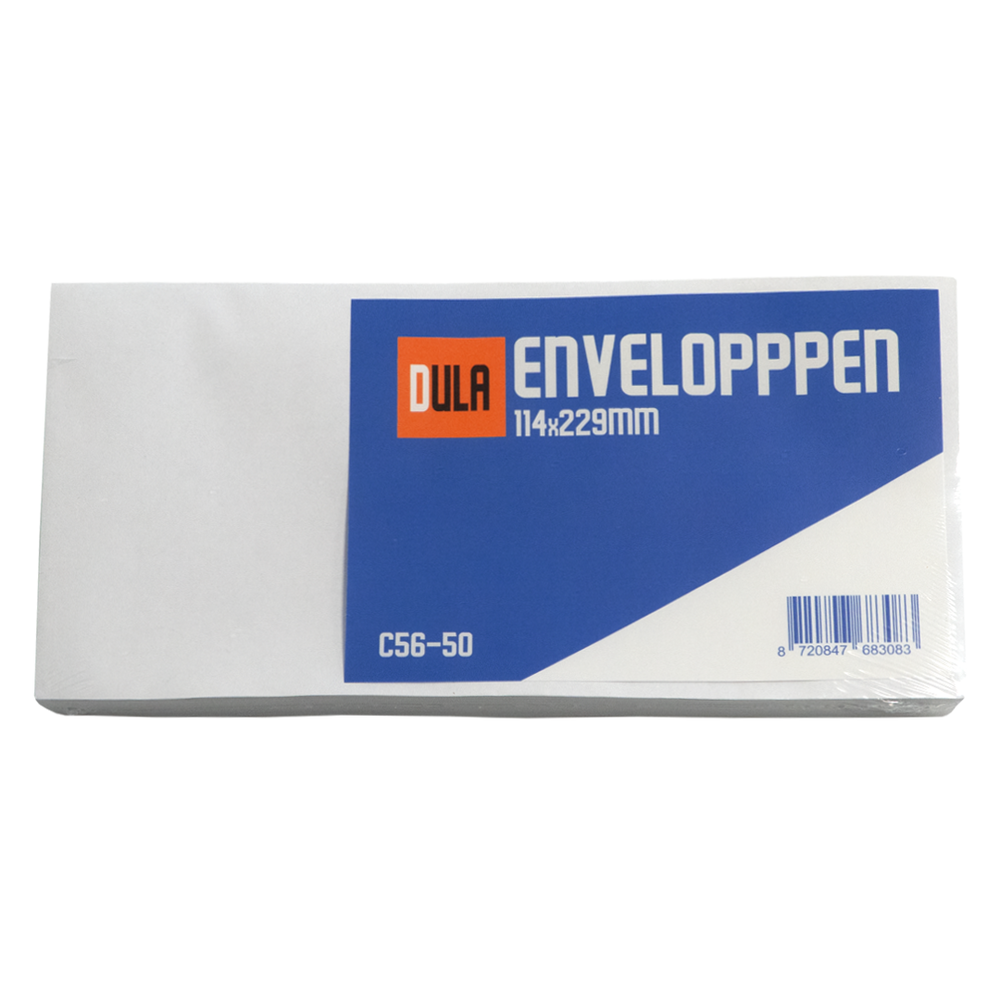 Een pakje enveloppen, met een blauw en wit etiket. Op het etiket staat 'DULA ENVELOPPEN' en een barcode.