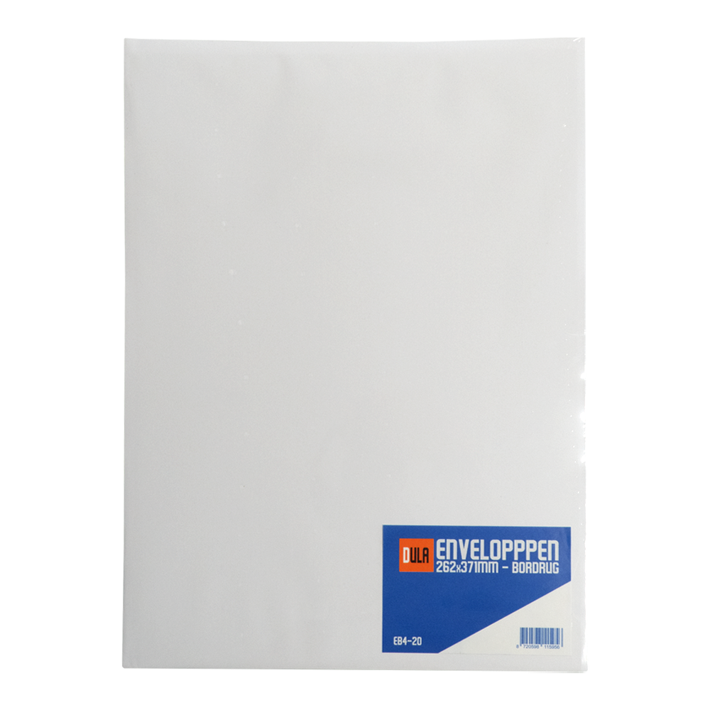 Een pak witte enveloppen, verzegeld in plastic. Een blauw etiket toont de merk- en maatvoering. De achtergrond is wit.