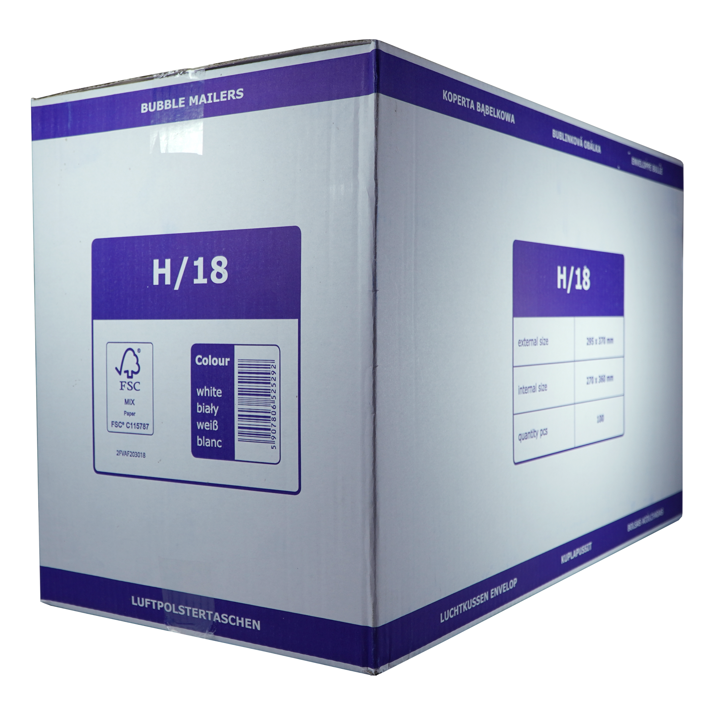 Kartonnen doos met labels. Tekst in meerdere talen. Doos is gelabeld met H/18, witte kleur en productdetails.