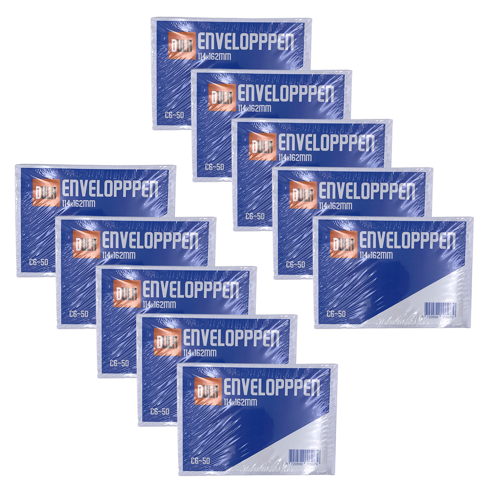 Verschillende pakken blauw-witte enveloppen, verpakt in plastic, zijn gerangschikt. Elk pak heeft de merknaam en maat erop gedrukt.
