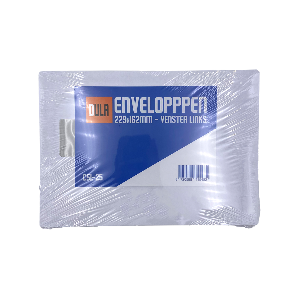 Een pakket enveloppen verpakt in doorzichtig plastic. Het etiket luidt 'DULA ENVELOPPEN 229x162mm - VENSTER LINKS' met barcode.