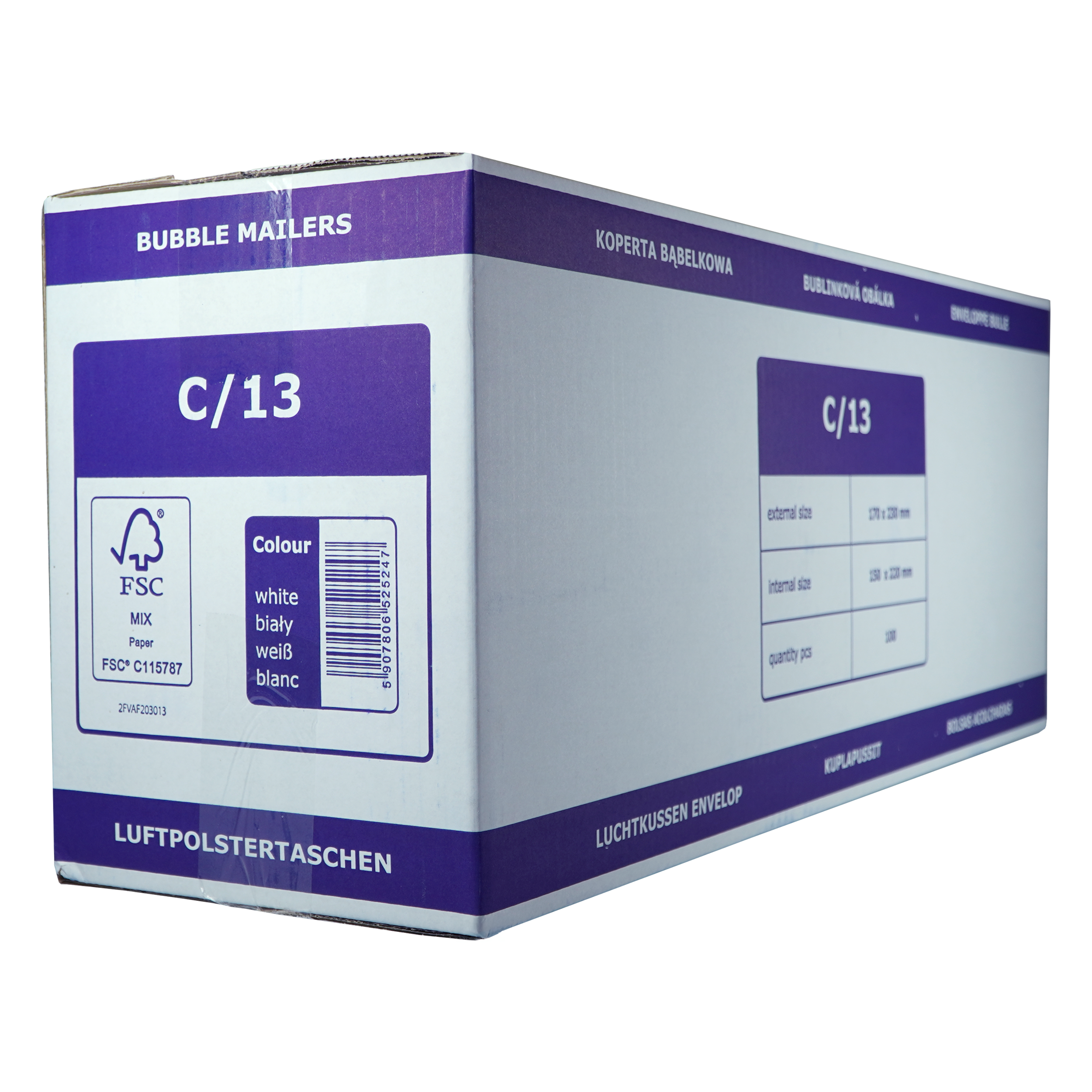 Een wit en blauw doos met 'Bubble Mailers' en 'C/13'. Bevat productinformatie en specificaties.