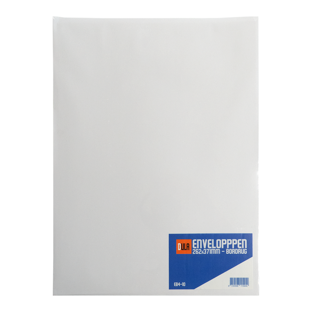 Een witte envelop. De rechter benedenhoek heeft een blauw etiket met witte tekst en een streepjescode. Het merk is DULA, de afmeting is 262x371mm.