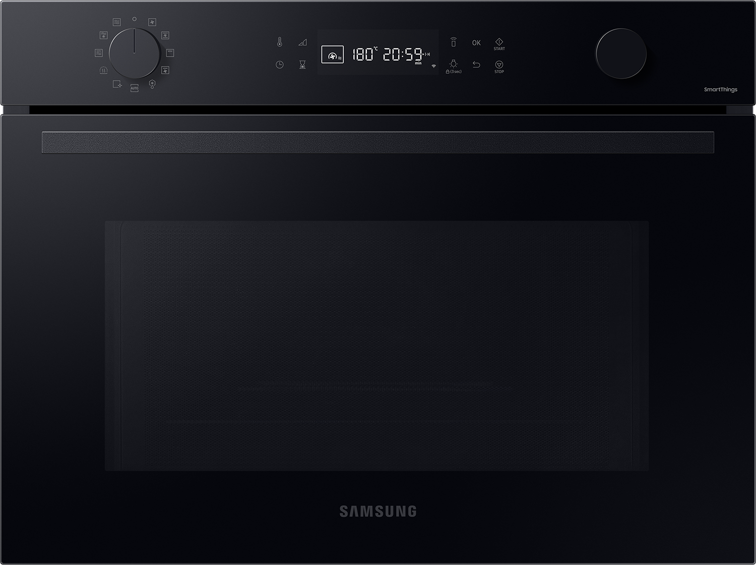 Forno Samsung nero con display digitale che mostra temperatura e timer. Manopole e pulsanti di controllo visibili.