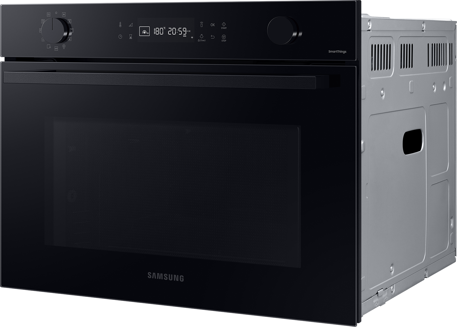 Forno Samsung nero con display digitale che mostra 180 gradi e l'ora. L'interno argentato del forno è visibile a destra.