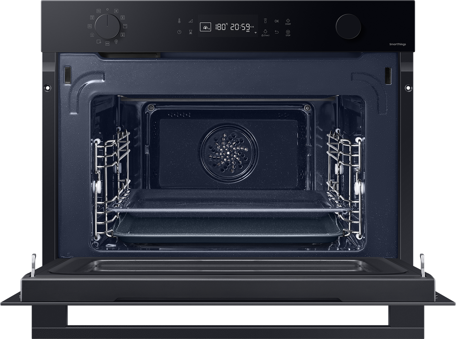 Forno aperto con interno blu, griglie e vassoio. Esterno nero con display digitale che mostra temperatura e tempo.