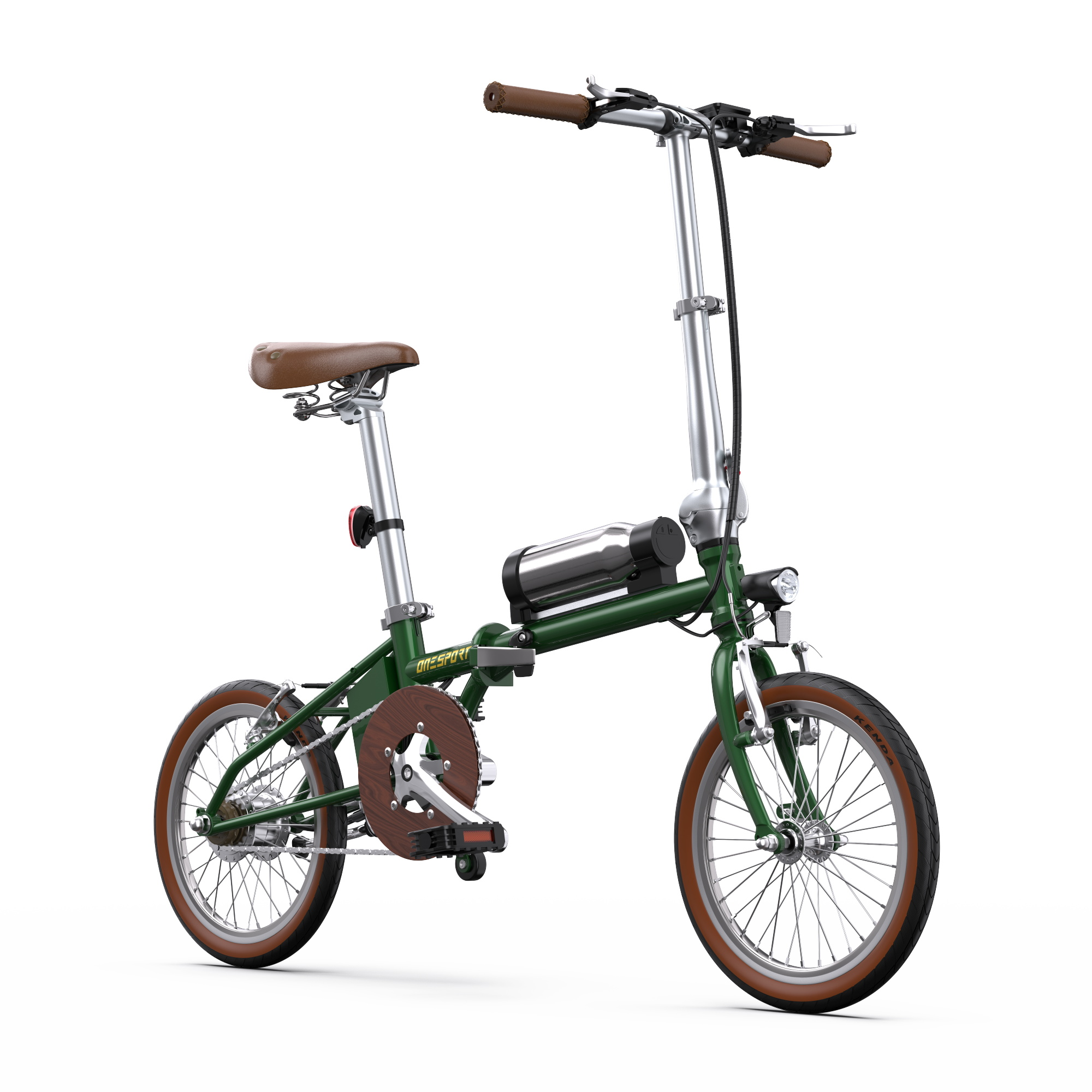 Bicicletta pieghevole verde con sella, manopole e pneumatici in pelle marrone. Dettagli del telaio argentati e una borraccia.