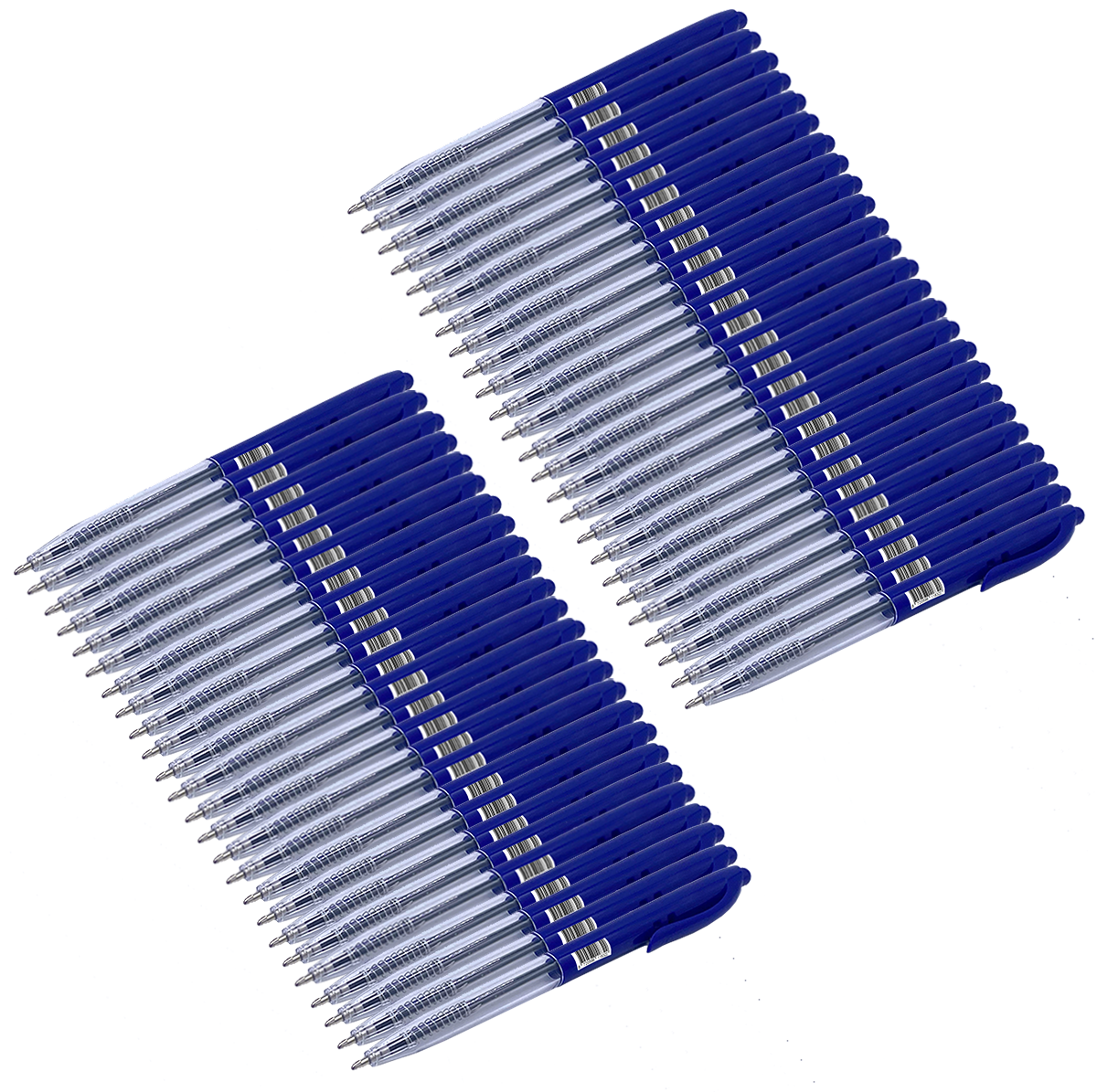 Twee groepen blauwe balpennen schuin gerangschikt. Elke pen heeft een blauwe dop en een doorzichtig lichaam, op een wit oppervlak.