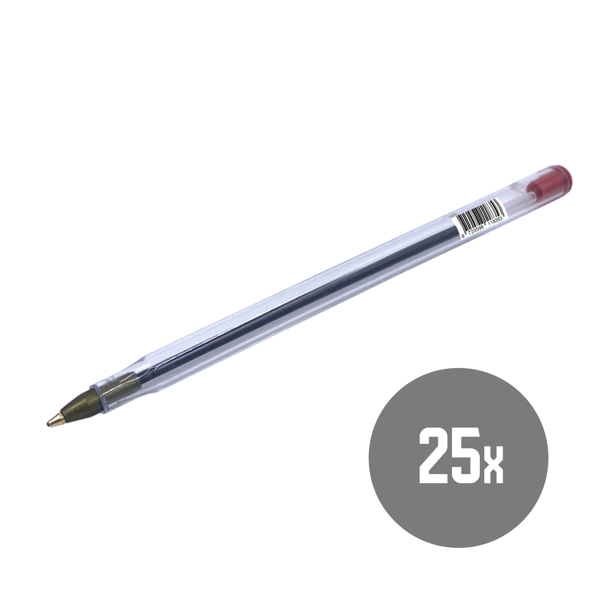 Een doorzichtige plastic pen met een rode dop en een gouden punt. Een grijze cirkel met "25x" op een witte achtergrond is zichtbaar.