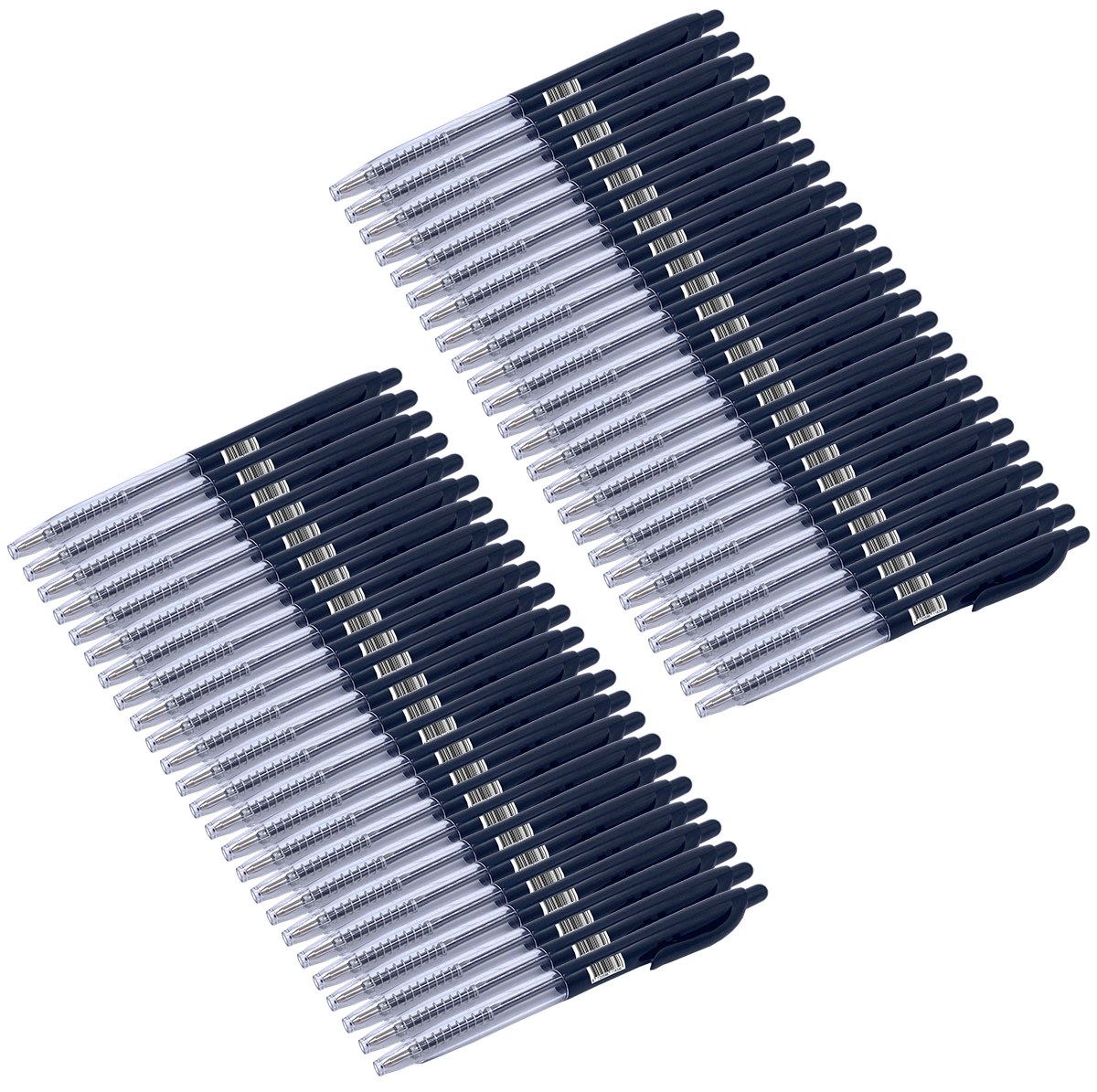 Twee sets zwarte pennen zijn diagonaal op een witte achtergrond gerangschikt. Elke pen heeft een transparante huls en een zwarte dop.