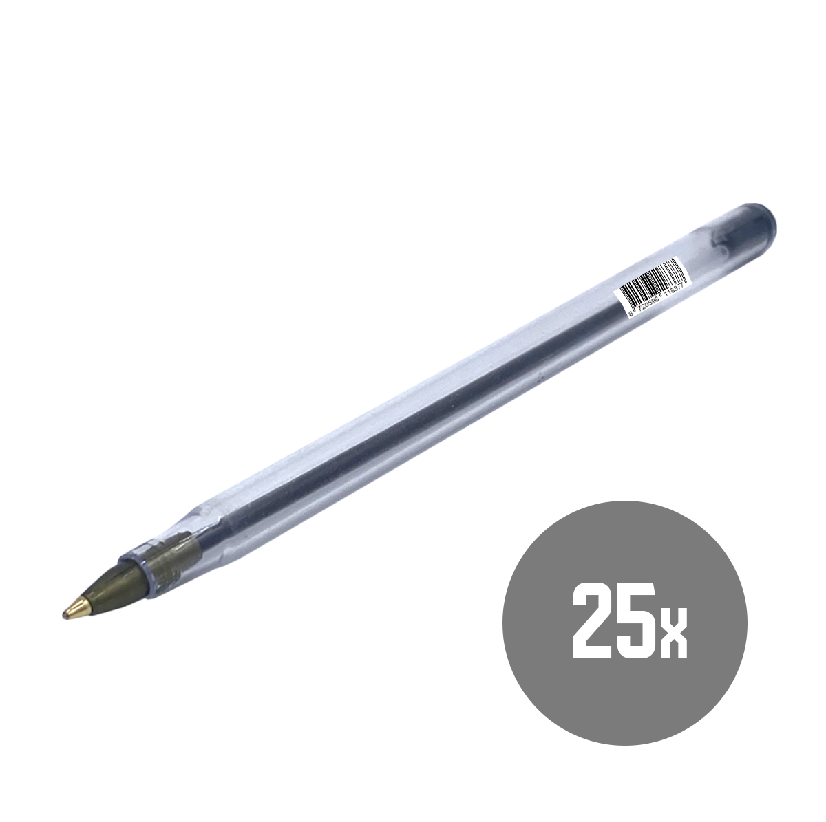 Een doorzichtige plastic pen met zwarte inkt, schuin in beeld. Een grijze cirkel met '25x' staat rechtsonder.