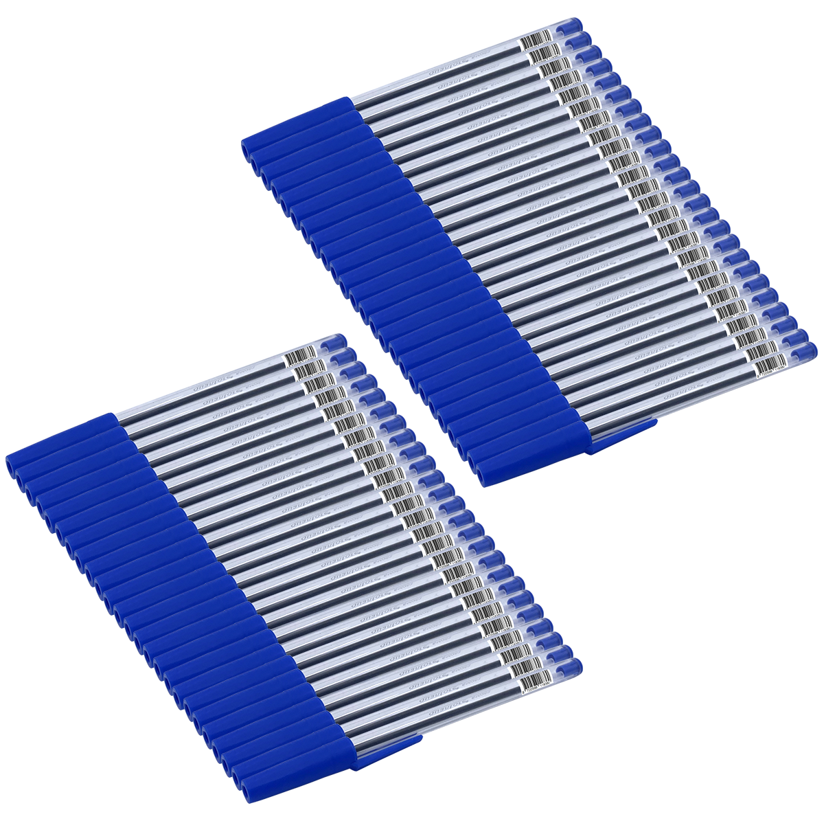 Twee stapels blauwe pennen. Elke pen heeft een doorzichtige huls en donkere inkt, netjes gerangschikt op een witte achtergrond.