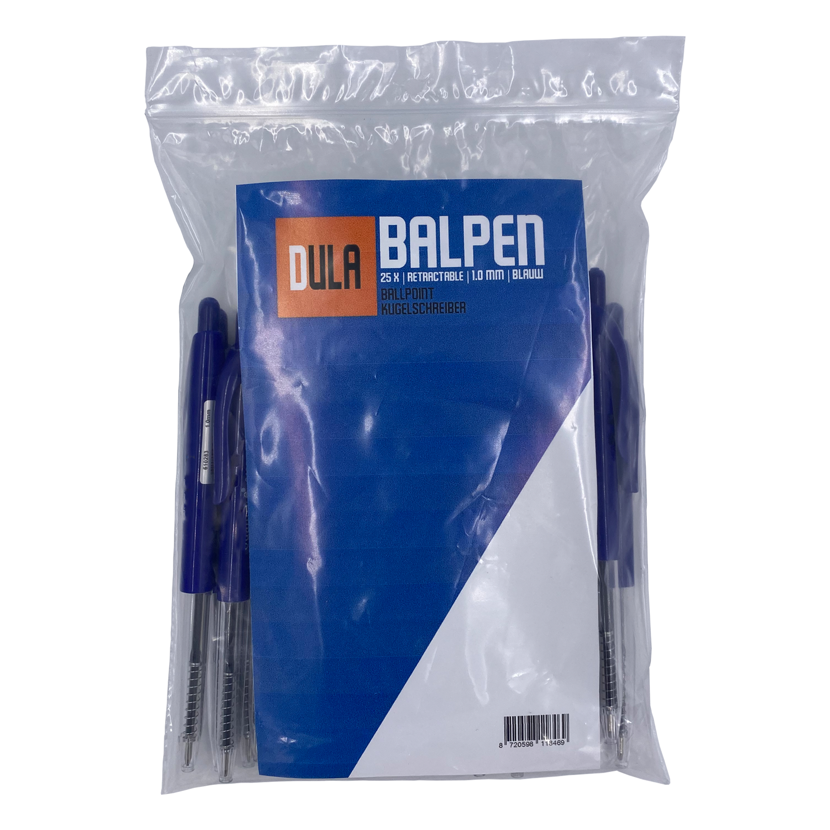 Een verpakking blauwe balpennen is in plastic verzegeld. De verpakking heeft tekst en een barcode. De pennen zijn zichtbaar.