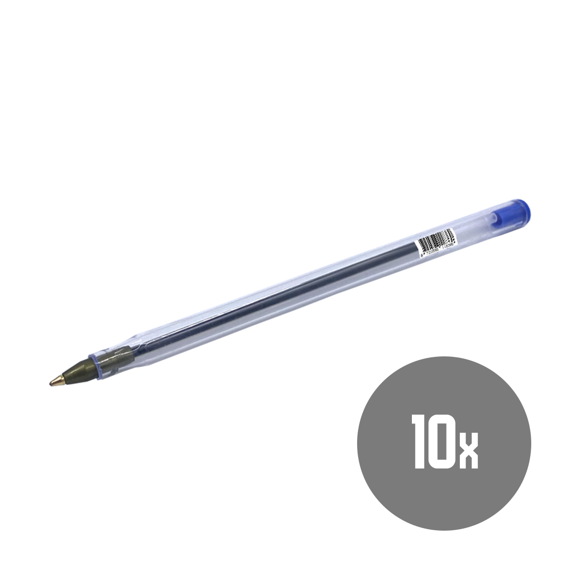 Een doorzichtige pen met blauwe dop op witte ondergrond. Grijze cirkel met '10x' rechtsonder.