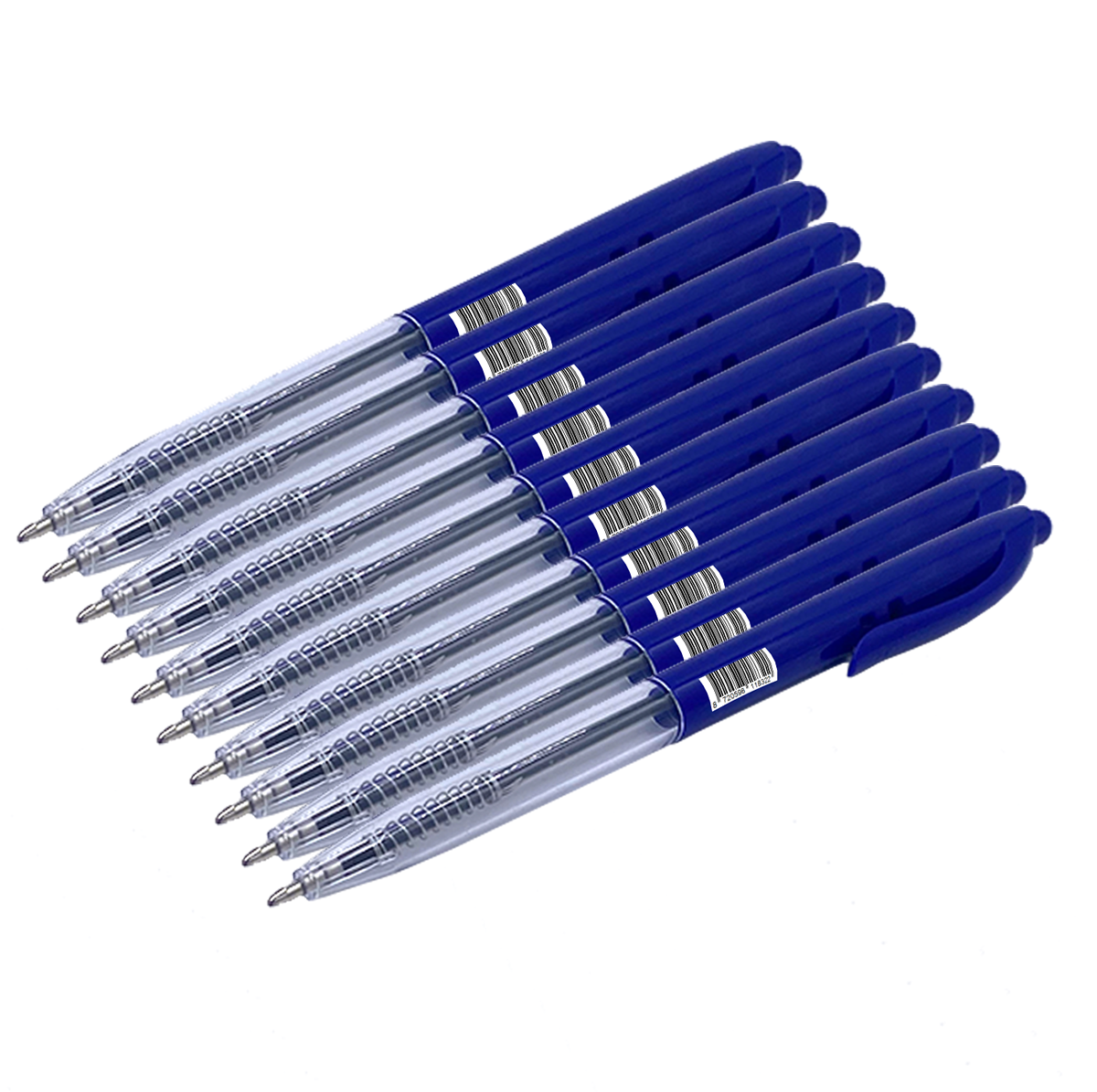Een close-up toont een set blauwe pennen diagonaal gerangschikt. De pennen hebben doorzichtige vaten en staan op een witte achtergrond.