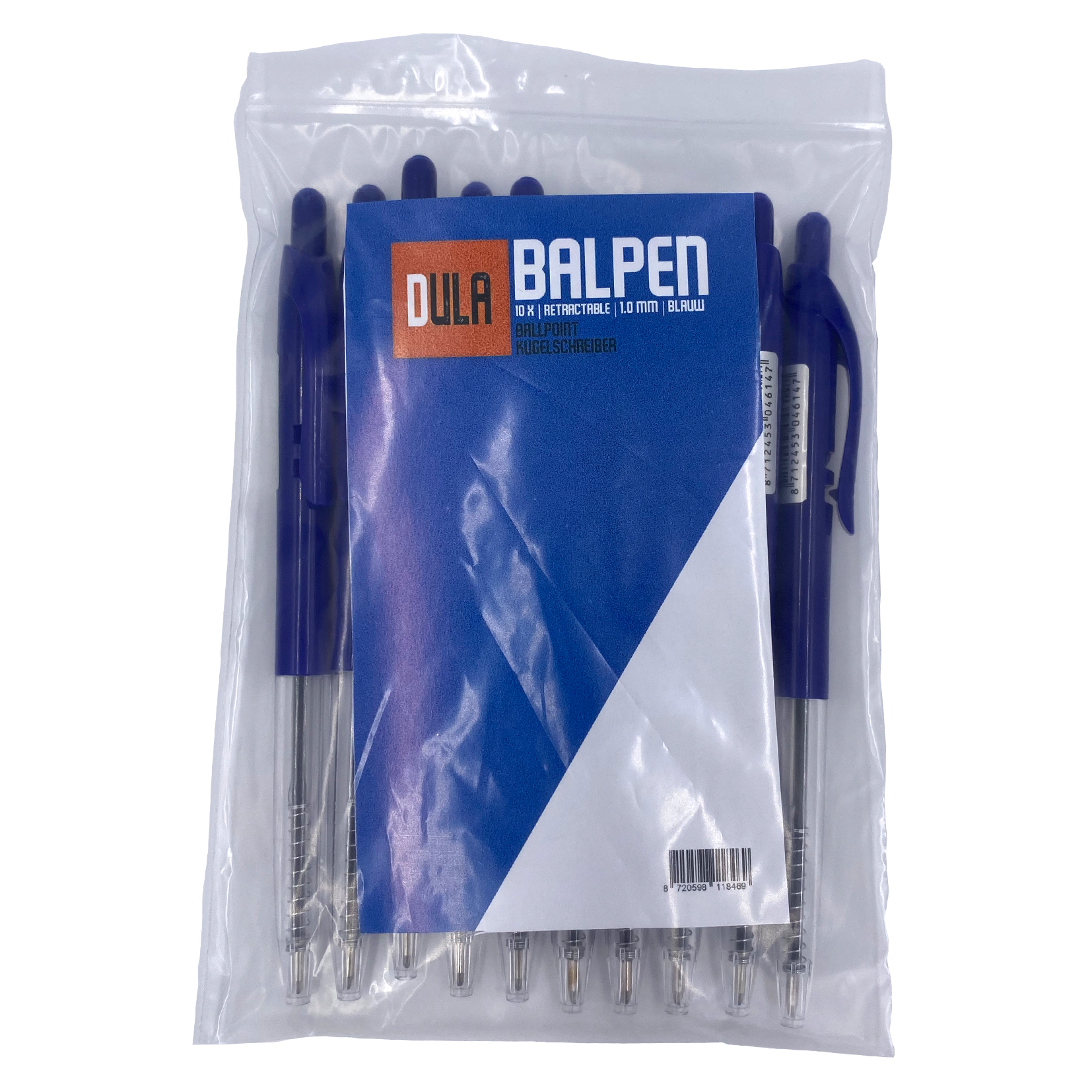 Een verpakking blauwe balpennen. De verpakking bevat een blauw-wit etiket met de merknaam 'BALPEN'.