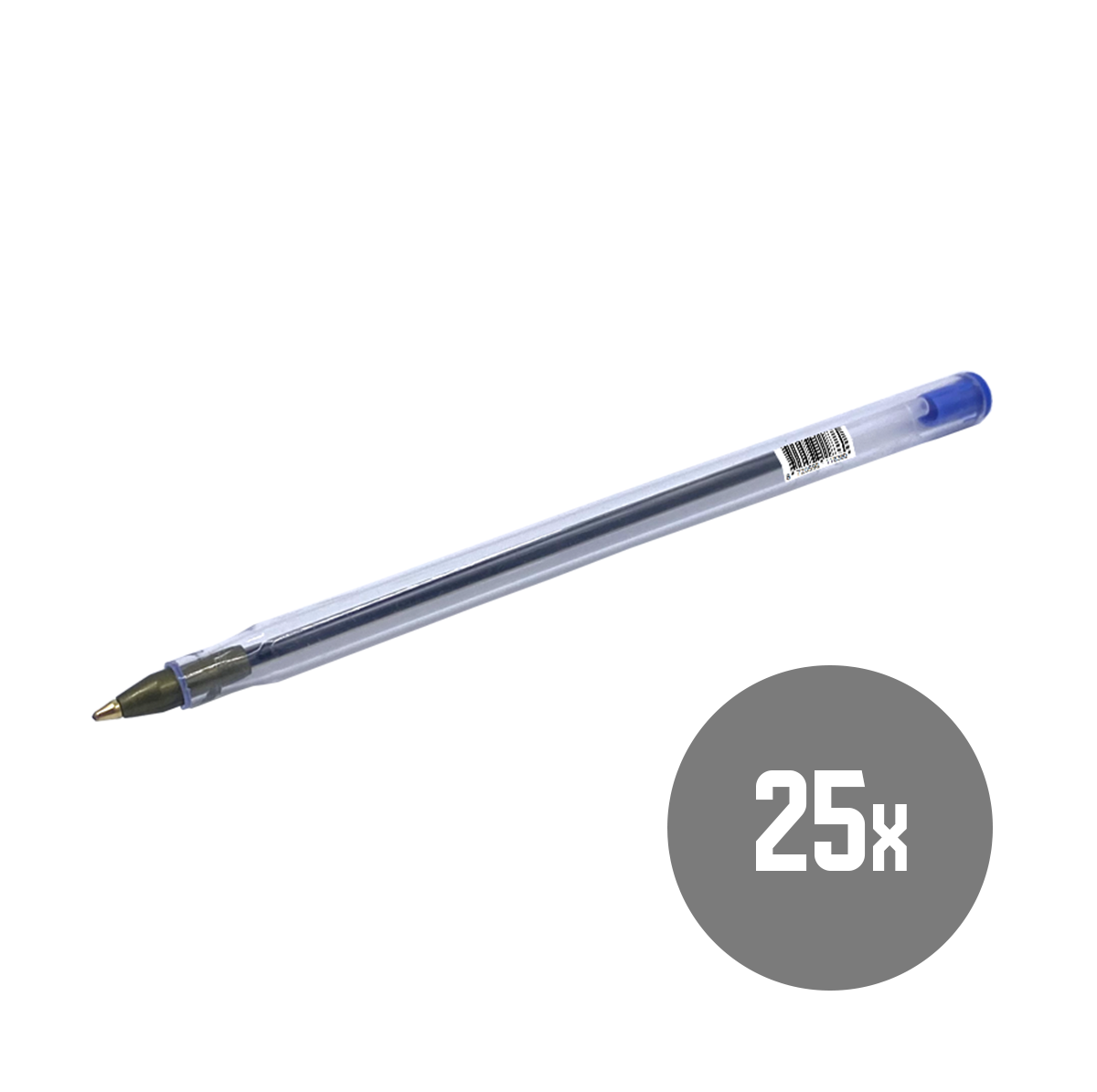 Een transparante balpen met blauwe dop ligt diagonaal. Grijze cirkel met witte '25x' rechtsonder.
